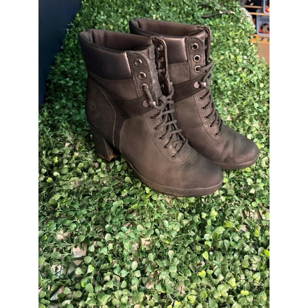 Timberland Camdale Field Lace Up Chunky Block Heel Booties Black Suede - US 7.5
